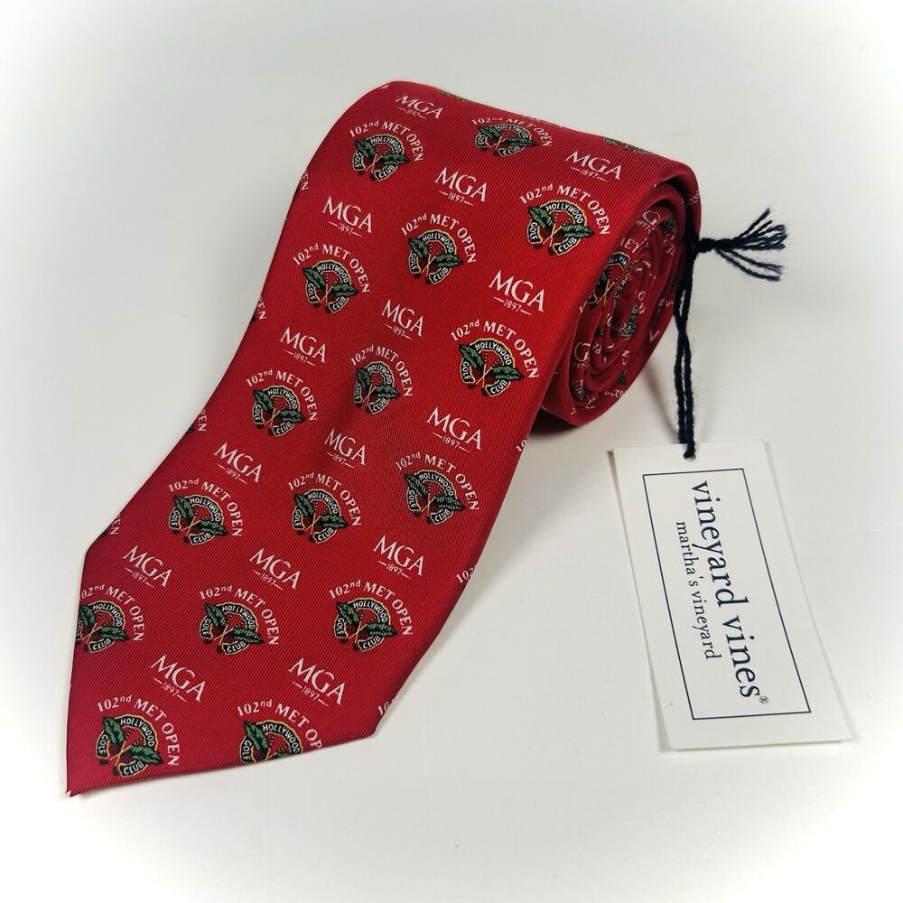 NWT Vineyard Vines MGA 1897 Men’s Tie 3.25” 102nd Met Open Golf Red Silk Custom